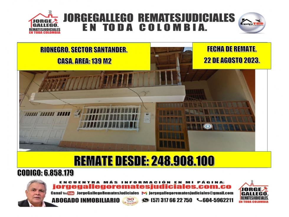Remate.Rionegro. Sector Santander.Casa